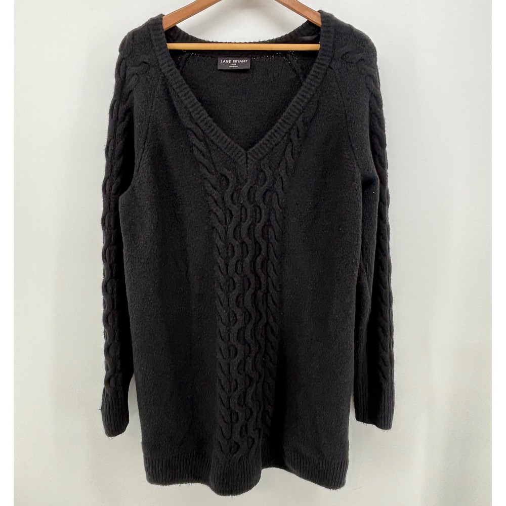 Lane Bryant Cable Knit Sweater Women's 14/16 Black V-Neck Tunic Pullover